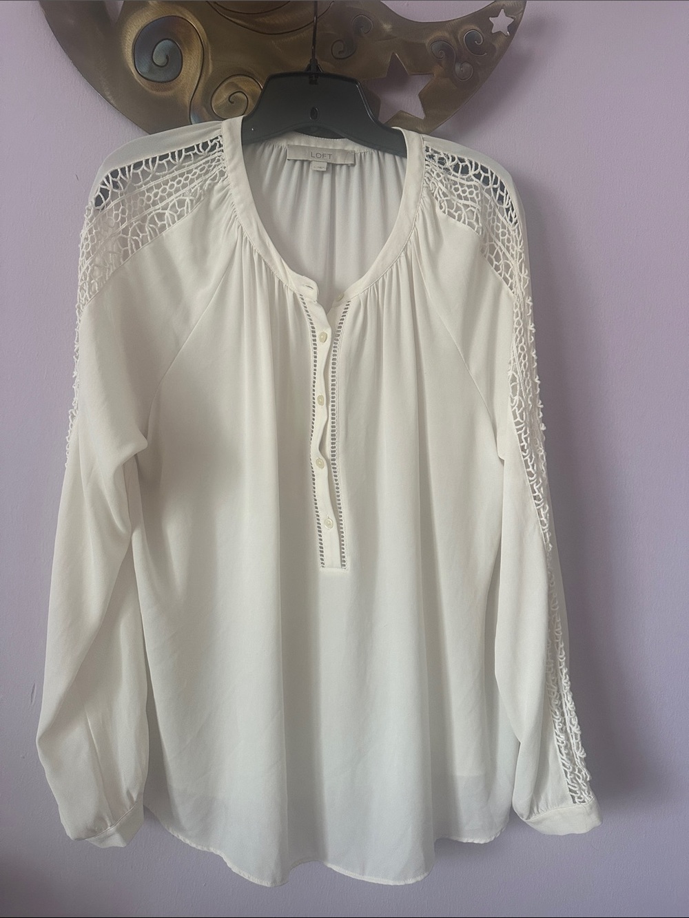 LOFT White Crochet-Trim Long Sleeve Henley Blouse